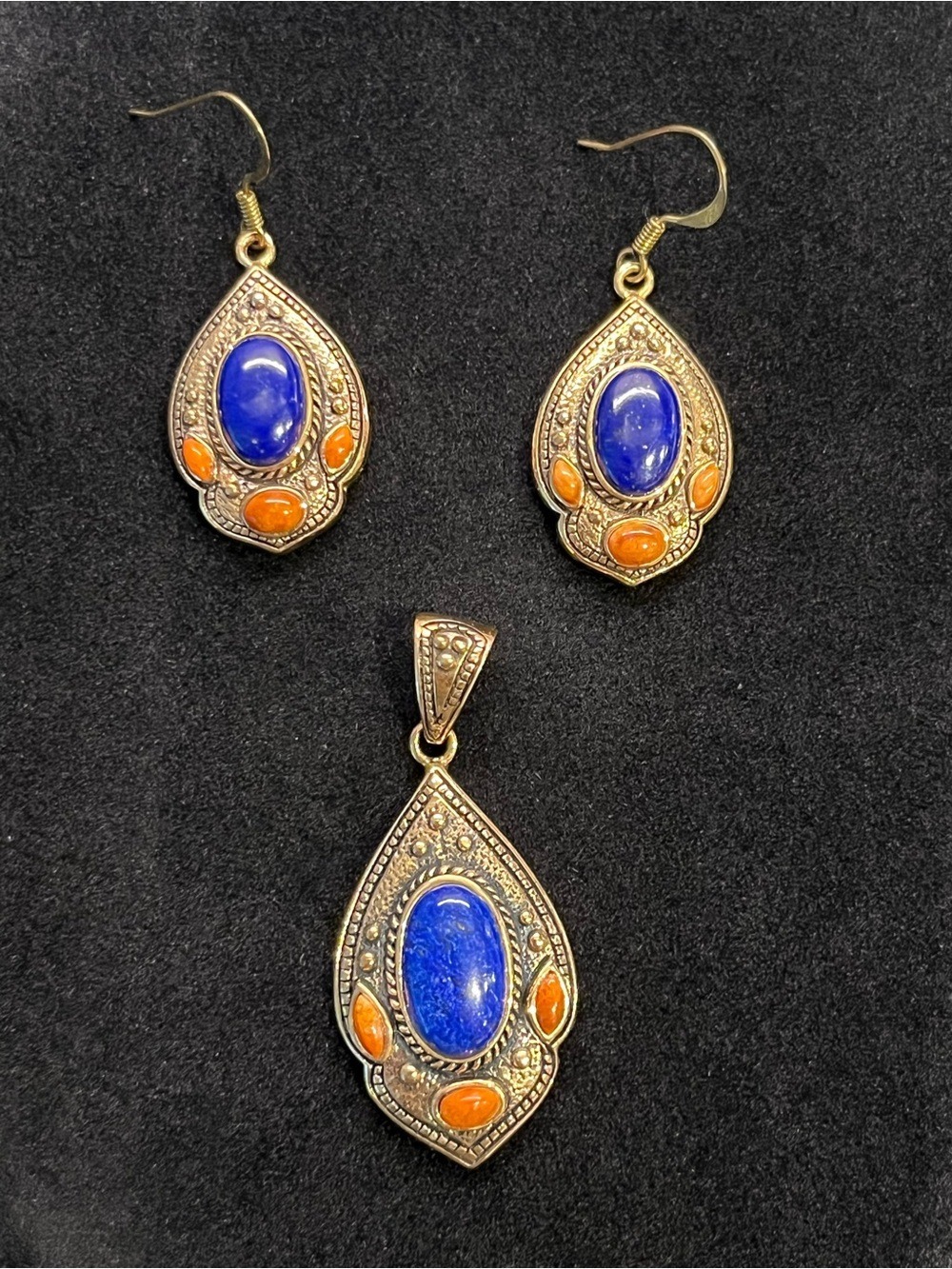 Vintage Brass Lapis Earring and Pendant Set - Picture 2 of 7